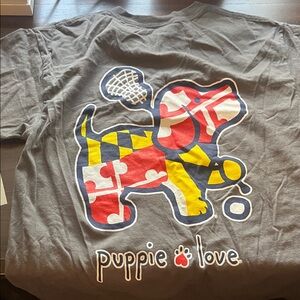 Puppie Love lacrosse Gray Dog Graphic Tee with Colorful Puppy Print